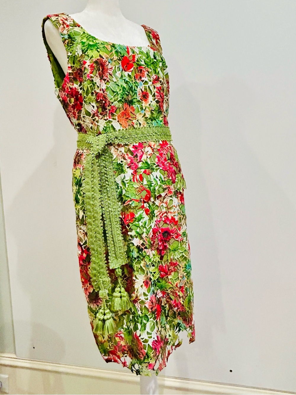 Carlisle Greens/Pinks Midi Dress Crochet Cutwork Embroidered Silk Elegant NWT 8